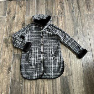 Ike Behar Medium Jacket Fuzzy Faux Fur Fleece Button Up Hooded Pockets Gray Blk